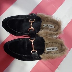 Steve Madden Black Fur-Lined Mules with Gold Accents